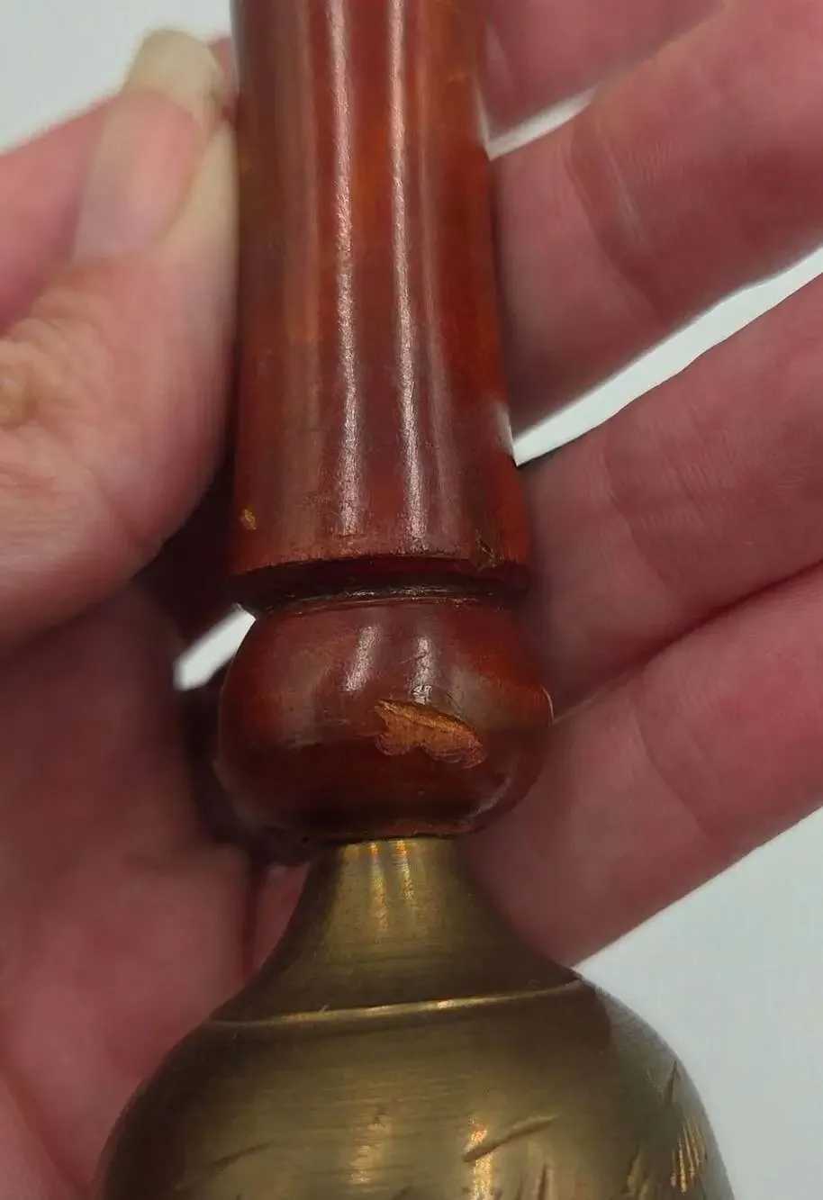 Vintage Handcrafted Brass Bell With Wooden Handle Etched India